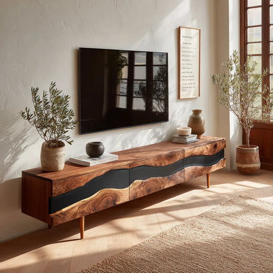 Live Edge Natural Solid Wood TV Stand with Organic Flow Front Design - Livewoodcraft