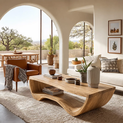 Live Edge Solid Wood Coffee Table With Curved Waterfall Base And Open Shelf For Modern Living Room - Livewoodcraft - 3