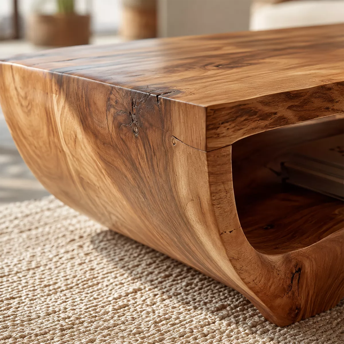 Live Edge Solid Wood Coffee Table With Curved Waterfall Base And Open Shelf For Modern Living Room - Livewoodcraft - 5