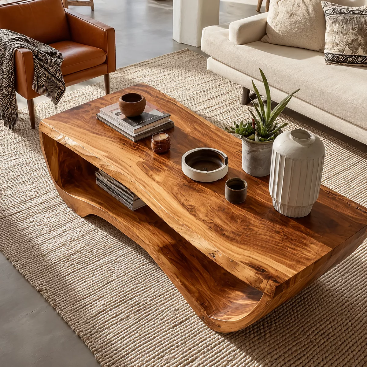 Live Edge Solid Wood Coffee Table With Curved Waterfall Base And Open Shelf For Modern Living Room - Livewoodcraft - 6