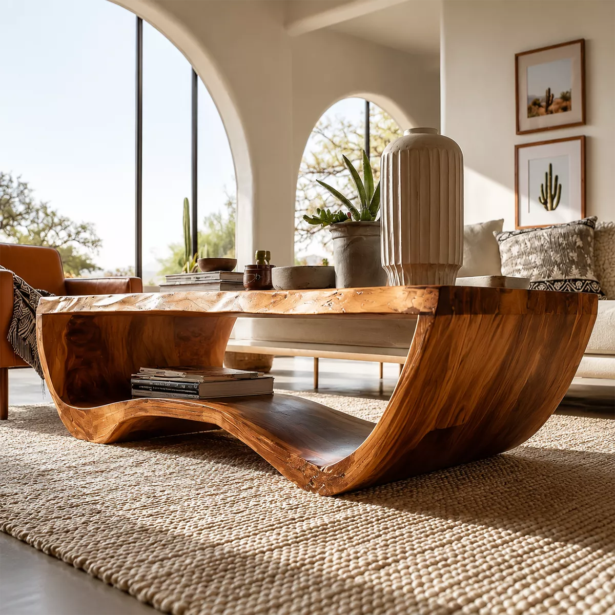 Live Edge Solid Wood Coffee Table With Curved Waterfall Base And Open Shelf For Modern Living Room - Livewoodcraft - 7