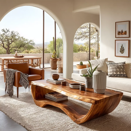 Live Edge Solid Wood Coffee Table With Curved Waterfall Base And Open Shelf For Modern Living Room - Livewoodcraft