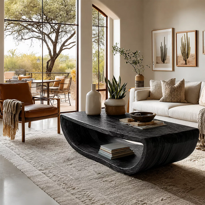 Live Edge Solid Wood Coffee Table With Curved Waterfall Base Open Shelf And Natural Wood Grain For Modern Living Room - Livewoodcraft - 3