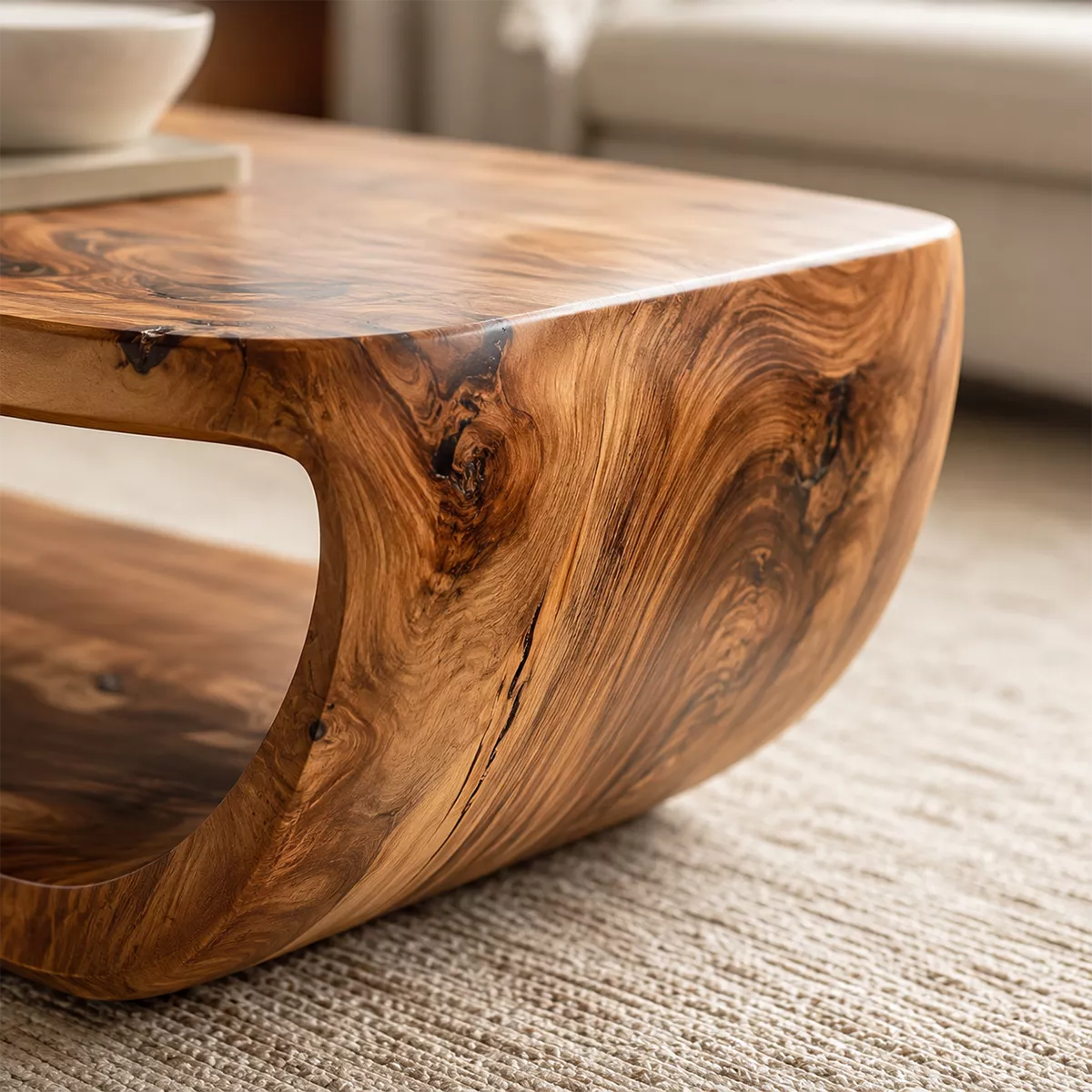 Live Edge Solid Wood Coffee Table With Curved Waterfall Base Open Shelf And Natural Wood Grain For Modern Living Room - Livewoodcraft - 6