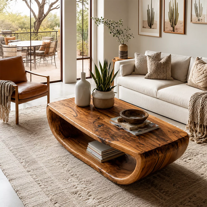 Live Edge Solid Wood Coffee Table With Curved Waterfall Base Open Shelf And Natural Wood Grain For Modern Living Room - Livewoodcraft - 7