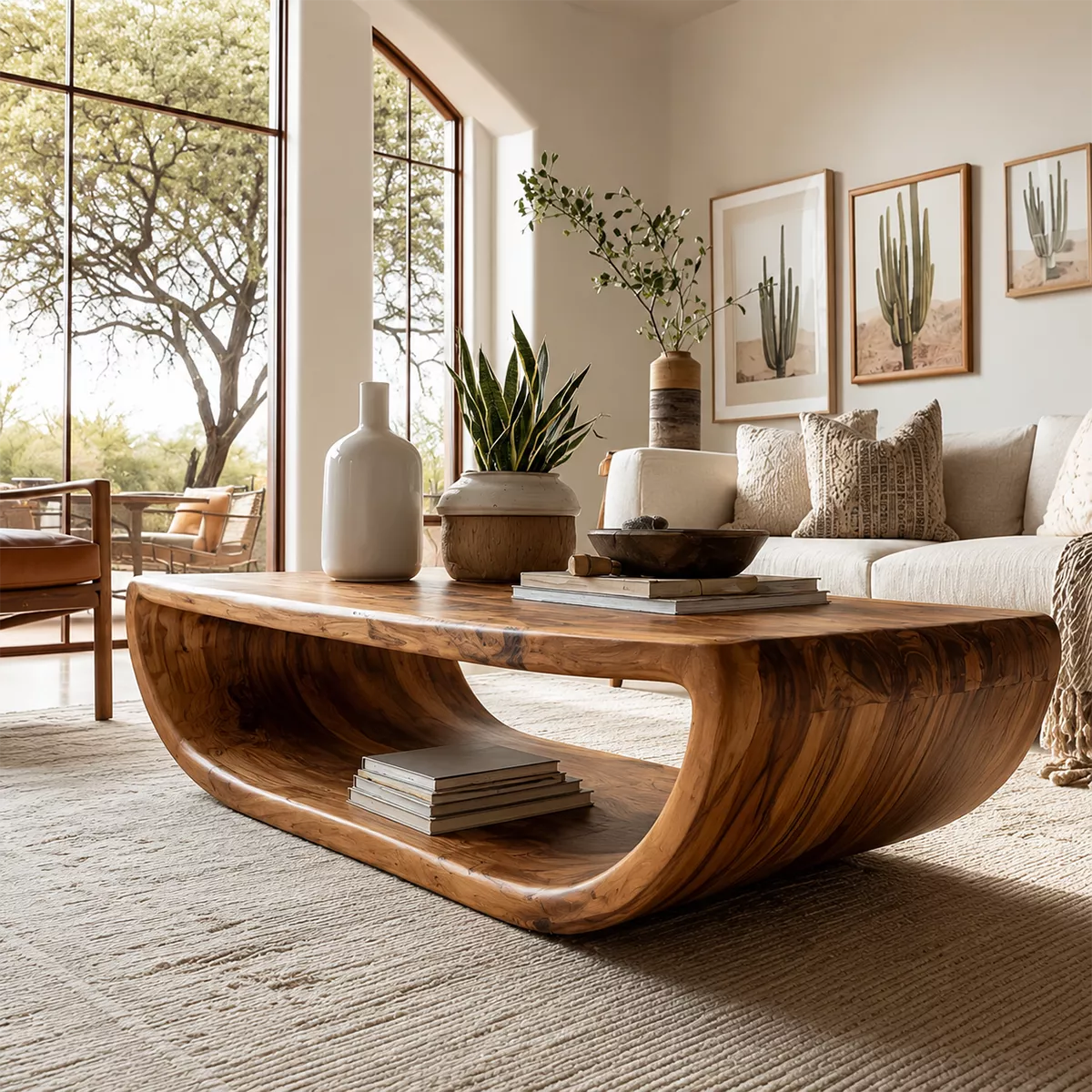 Live Edge Solid Wood Coffee Table With Curved Waterfall Base Open Shelf And Natural Wood Grain For Modern Living Room - Livewoodcraft - 8
