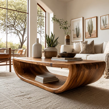 Live Edge Solid Wood Coffee Table With Curved Waterfall Base Open Shelf And Natural Wood Grain For Modern Living Room - Livewoodcraft - 8