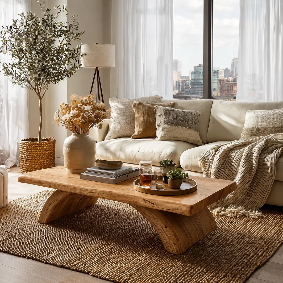 Live Edge Solid Wood Coffee Table With Natural Wood Top And Sculptural Block Legs For Modern Living Room - Livewoodcraft - 3