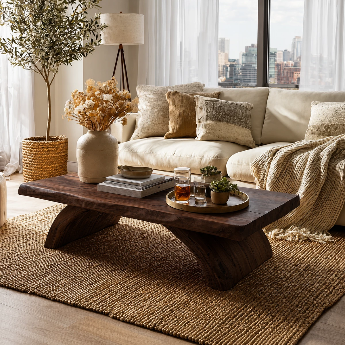 Live Edge Solid Wood Coffee Table With Natural Wood Top And Sculptural Block Legs For Modern Living Room - Livewoodcraft - 5