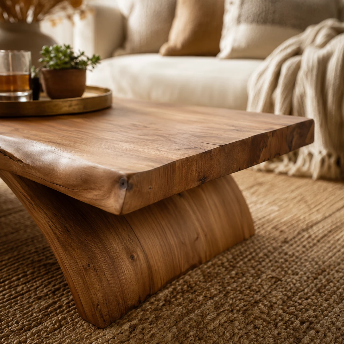 Live Edge Solid Wood Coffee Table With Natural Wood Top And Sculptural Block Legs For Modern Living Room - Livewoodcraft - 6