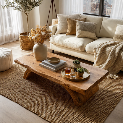 Live Edge Solid Wood Coffee Table With Natural Wood Top And Sculptural Block Legs For Modern Living Room - Livewoodcraft - 7