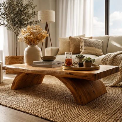 Live Edge Solid Wood Coffee Table With Natural Wood Top And Sculptural Block Legs For Modern Living Room - Livewoodcraft - 8