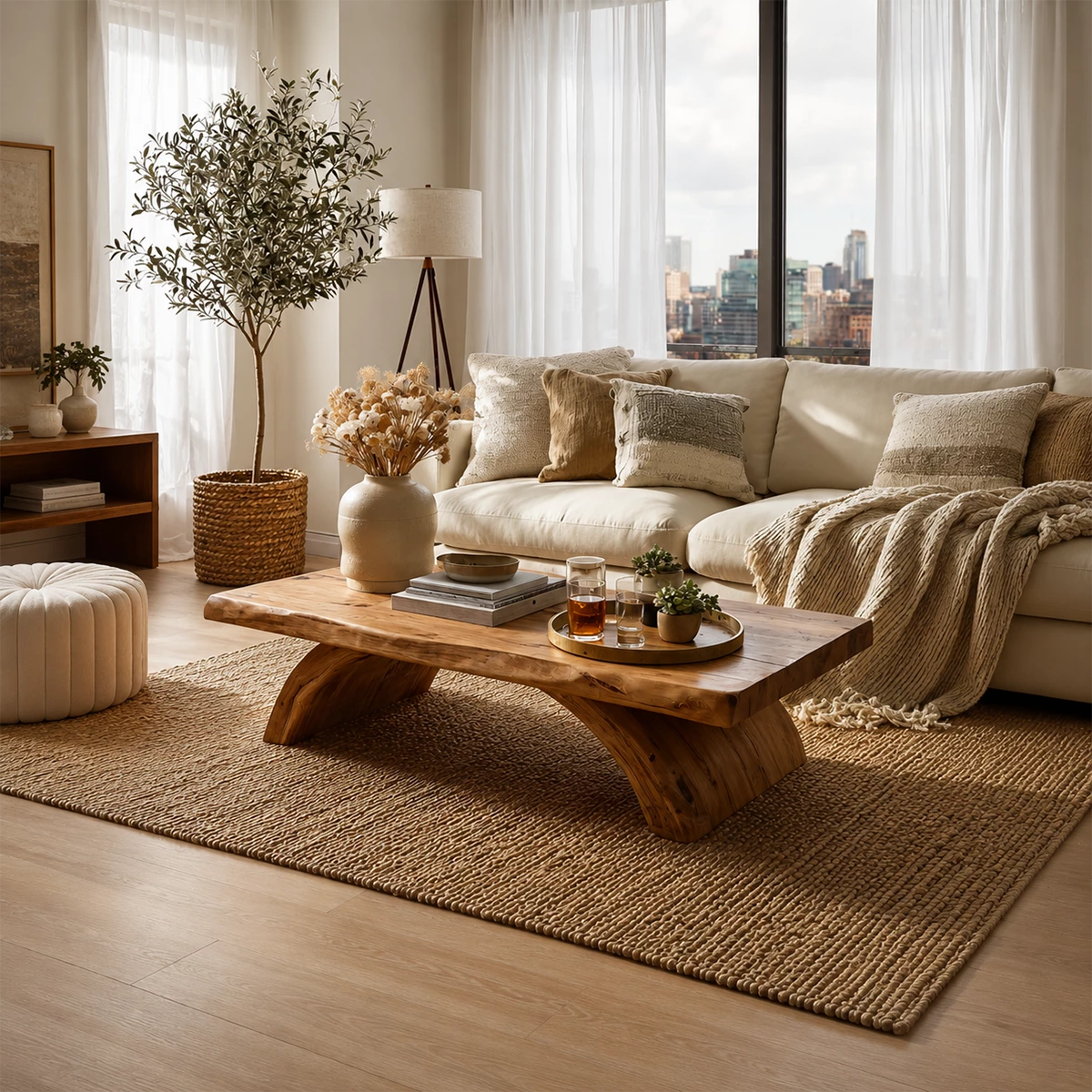 Live Edge Solid Wood Coffee Table With Natural Wood Top And Sculptural Block Legs For Modern Living Room - Livewoodcraft - 9