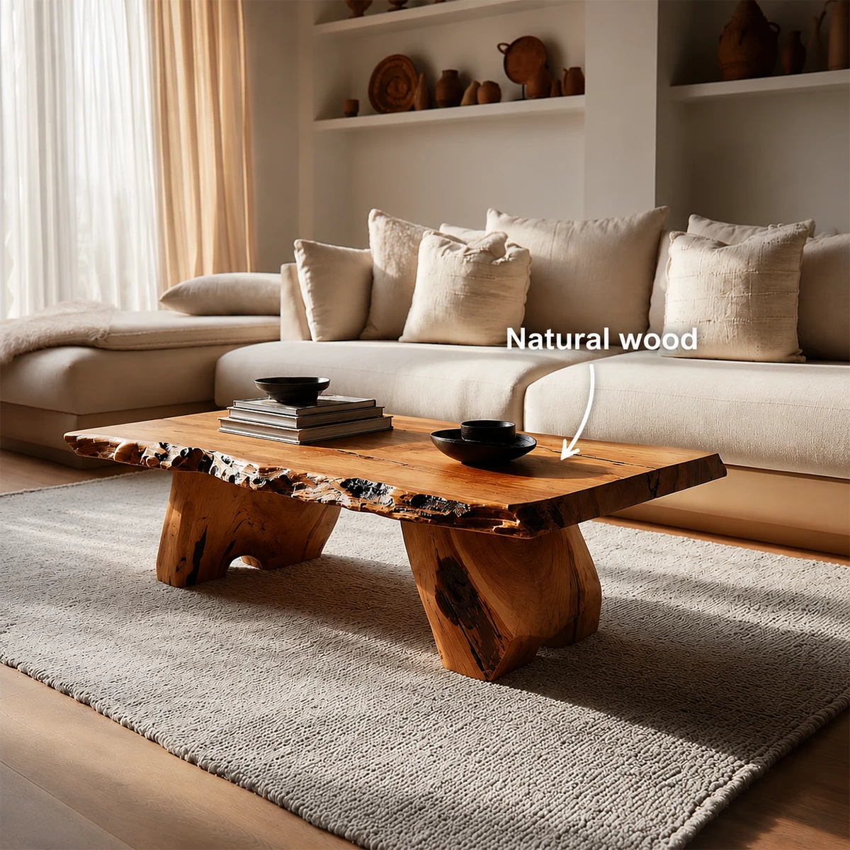 Live Edge Solid Wood Coffee Table With Rustic Natural Top And Block Legs For Modern Living Room - Livewoodcraft - 11
