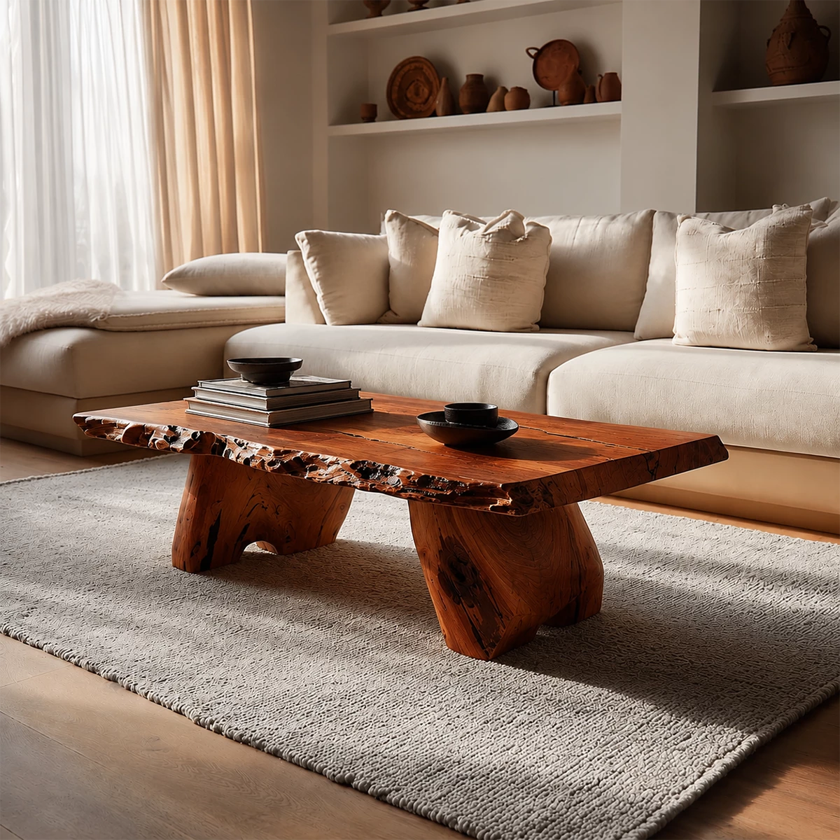 Live Edge Solid Wood Coffee Table With Rustic Natural Top And Block Legs For Modern Living Room - Livewoodcraft - 2