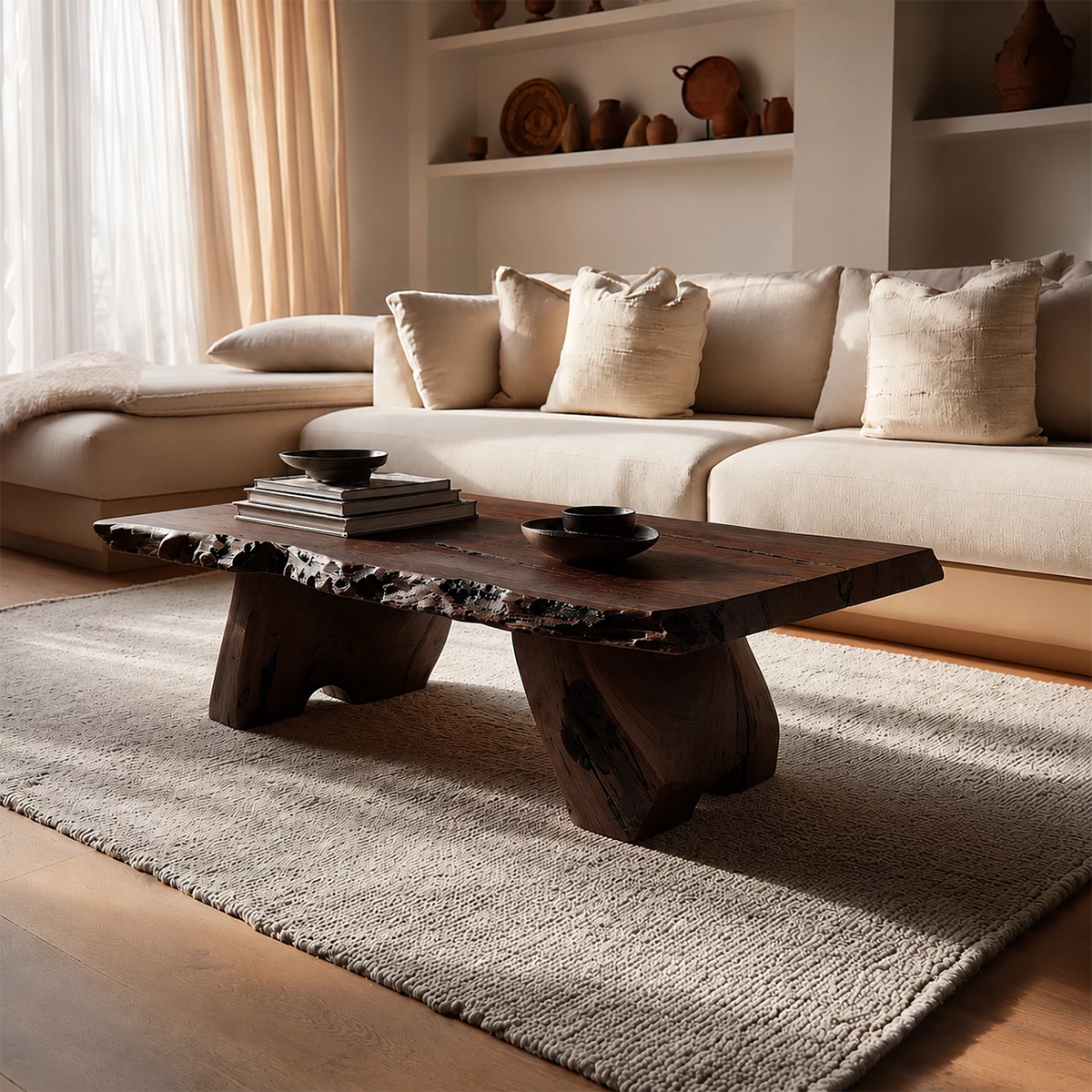 Live Edge Solid Wood Coffee Table With Rustic Natural Top And Block Legs For Modern Living Room - Livewoodcraft - 3