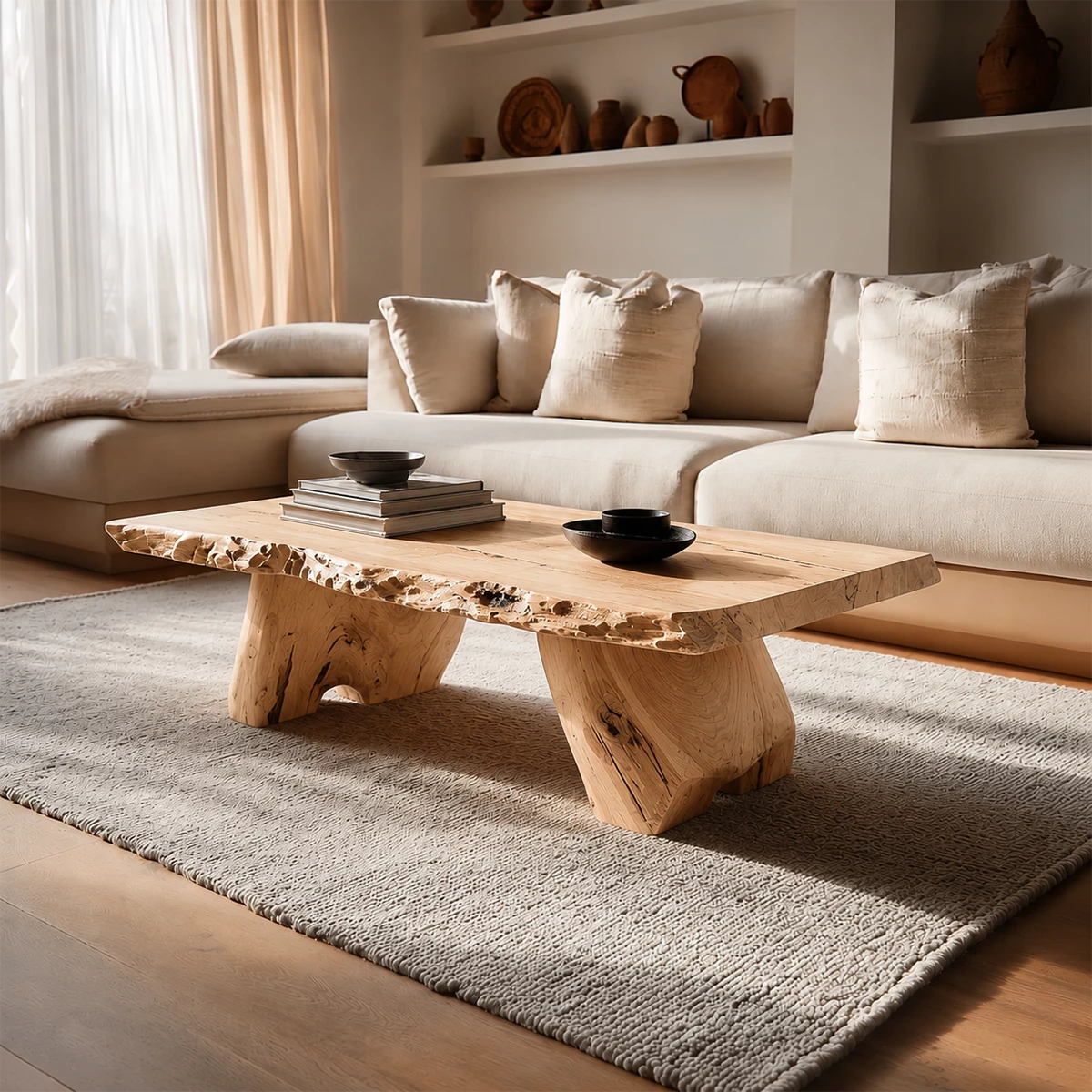 Live Edge Solid Wood Coffee Table With Rustic Natural Top And Block Legs For Modern Living Room - Livewoodcraft - 5