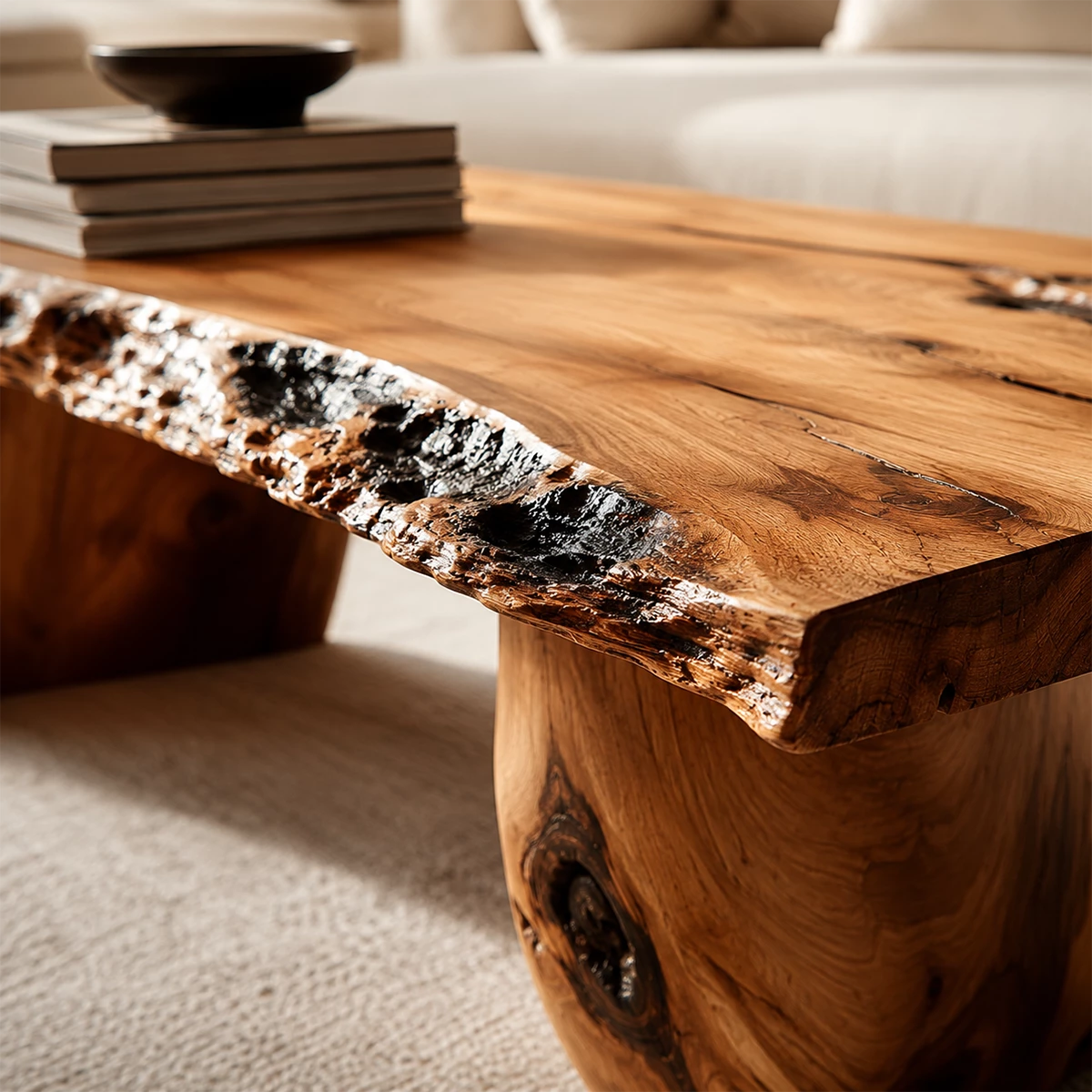Live Edge Solid Wood Coffee Table With Rustic Natural Top And Block Legs For Modern Living Room - Livewoodcraft - 6