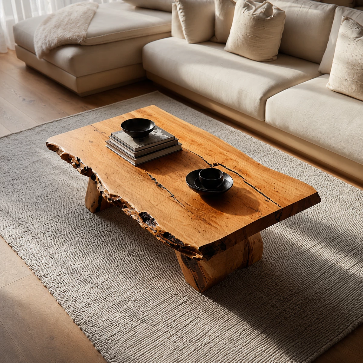 Live Edge Solid Wood Coffee Table With Rustic Natural Top And Block Legs For Modern Living Room - Livewoodcraft - 7