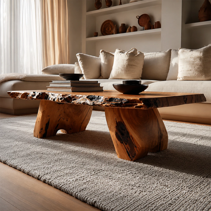Live Edge Solid Wood Coffee Table With Rustic Natural Top And Block Legs For Modern Living Room - Livewoodcraft - 8
