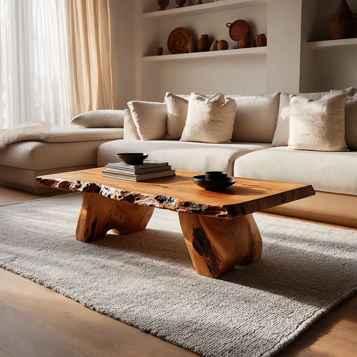 Live Edge Solid Wood Coffee Table With Rustic Natural Top And Block Legs For Modern Living Room - Livewoodcraft - 9