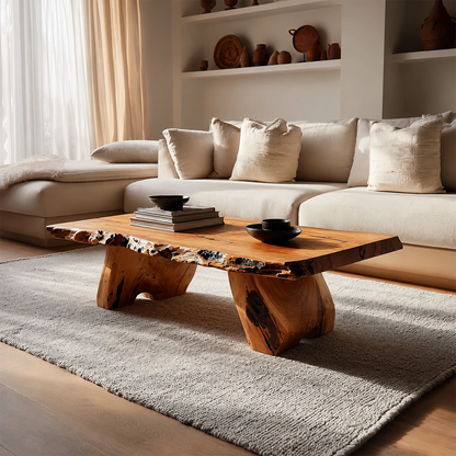 Live Edge Solid Wood Coffee Table With Rustic Natural Top And Block Legs For Modern Living Room - Livewoodcraft - 9
