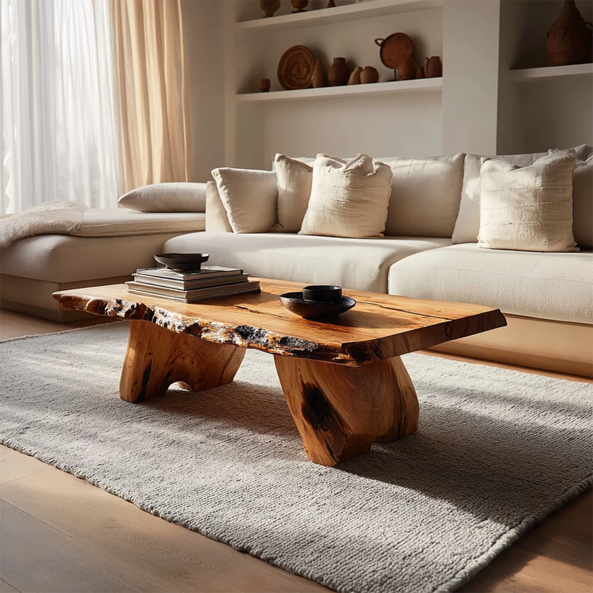 Live Edge Solid Wood Coffee Table With Rustic Natural Top And Block Legs For Modern Living Room - Livewoodcraft