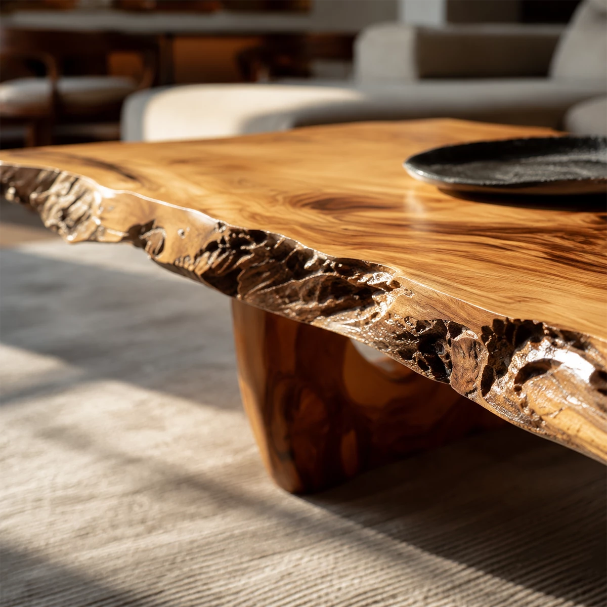 Live Edge Solid Wood Coffee Table With Sculptural Base And Natural Organic Shape For Modern Living Room - Livewoodcraft - 6