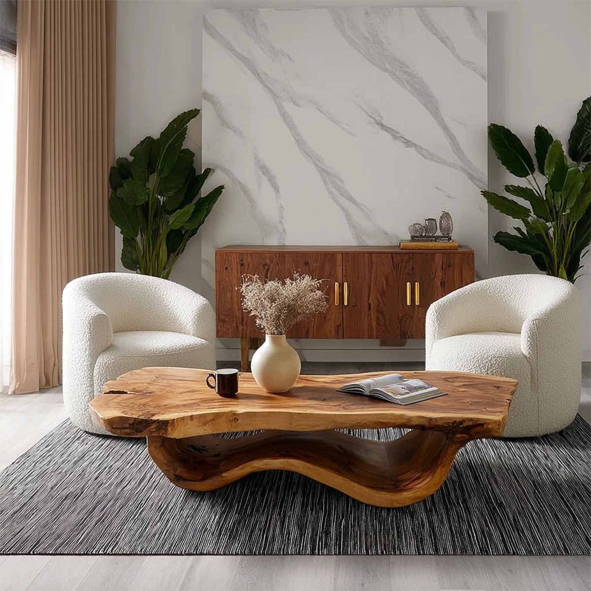 Live Edge Solid Wood Coffee Table With Sculptural Wave Base And Natural Organic Top For Modern Living Room - Livewoodcraft