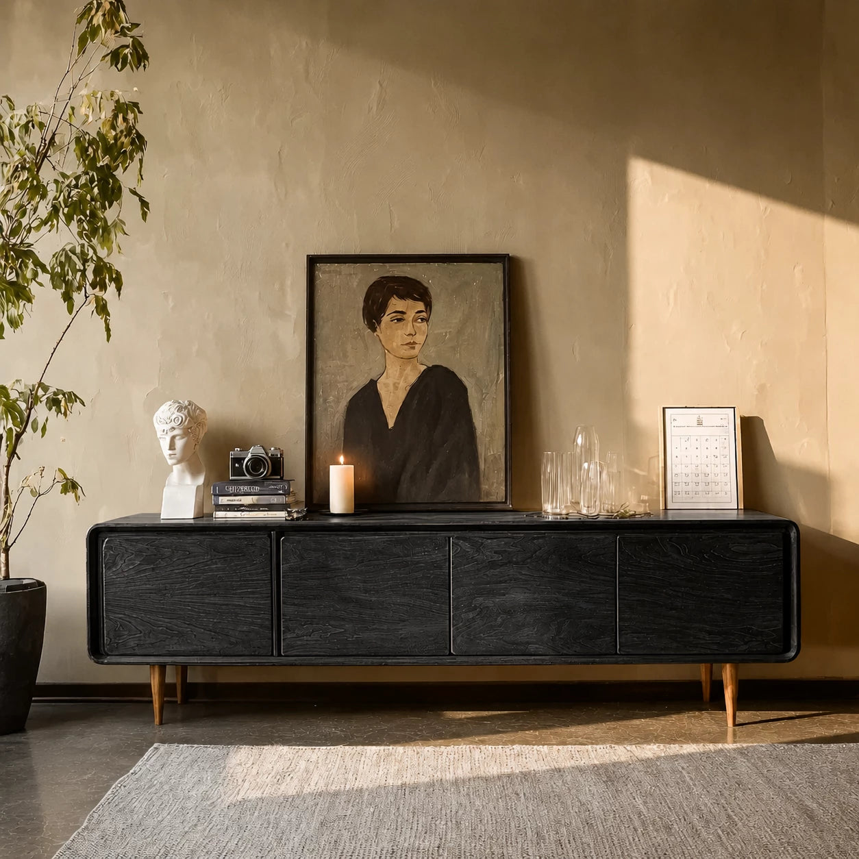 Low Profile Natural Solid Wood TV Stand with Rounded Four Door Storage - Livewoodcraft - 11