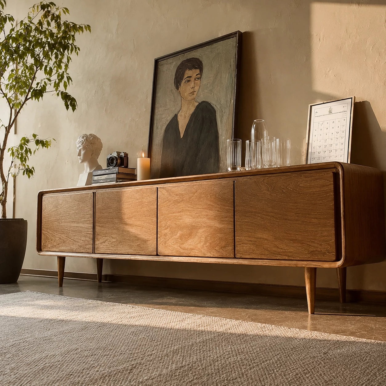 Low Profile Natural Solid Wood TV Stand with Rounded Four Door Storage - Livewoodcraft - 5