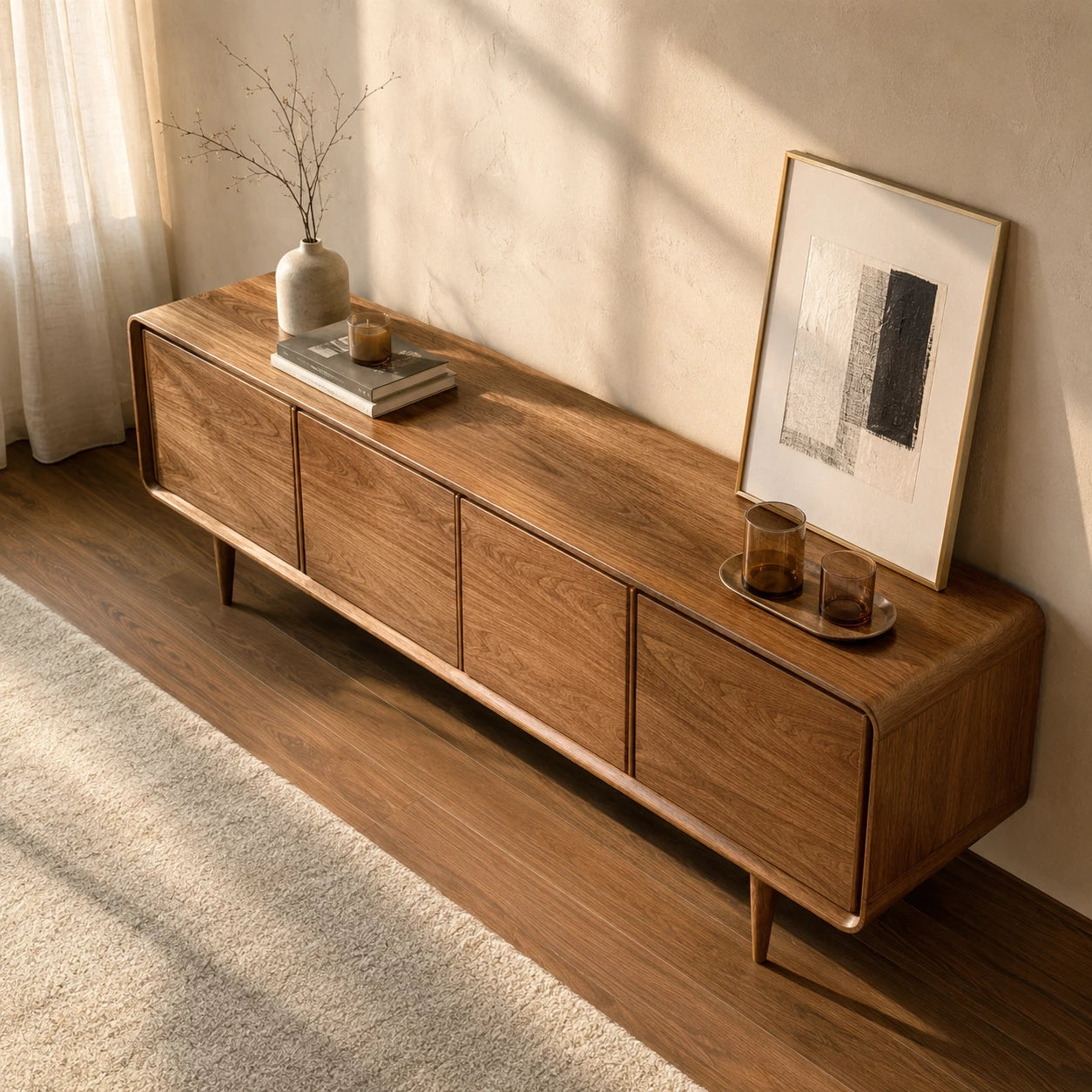 Low Profile Natural Solid Wood TV Stand with Rounded Four Door Storage - Livewoodcraft - 6