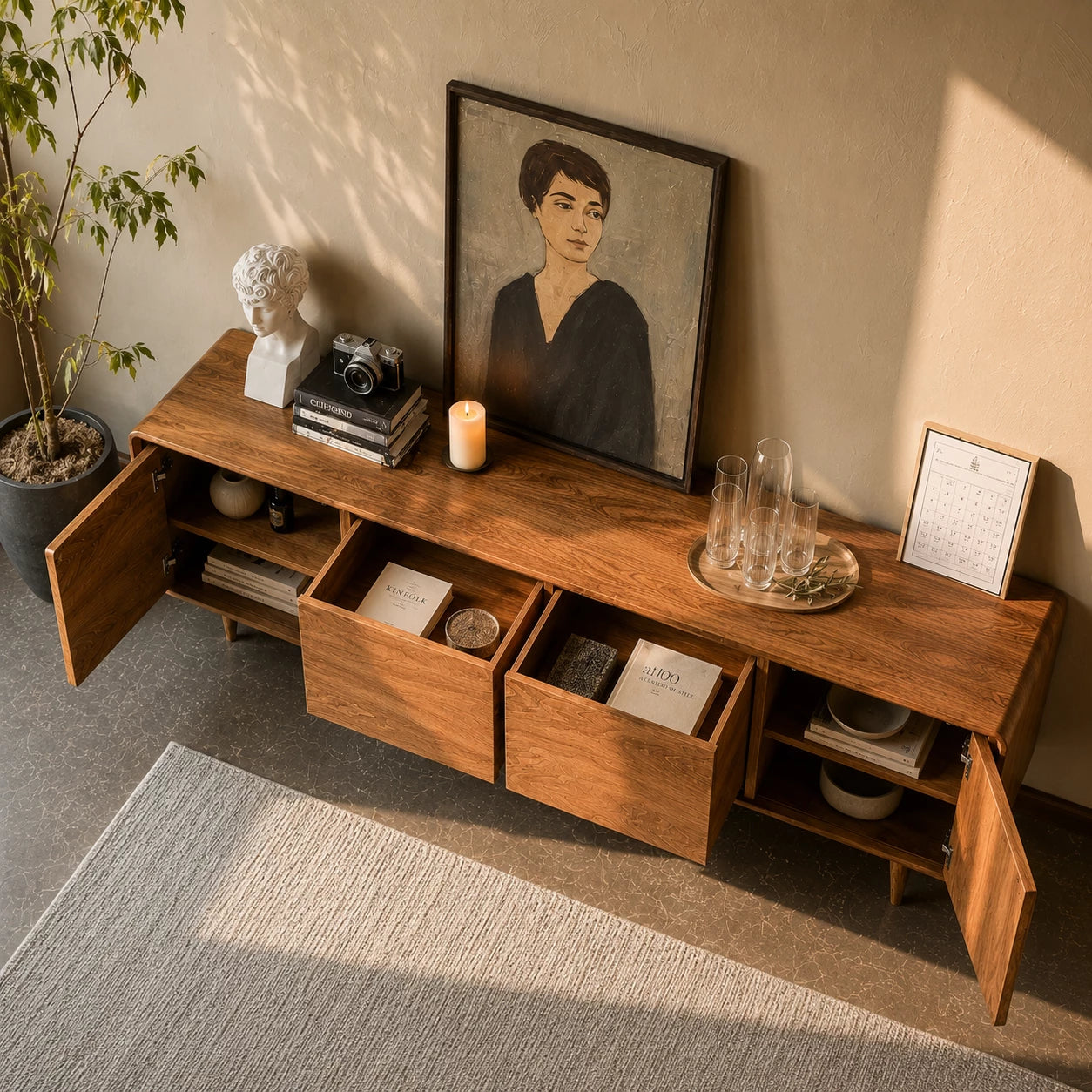 Low Profile Natural Solid Wood TV Stand with Rounded Four Door Storage - Livewoodcraft - 7