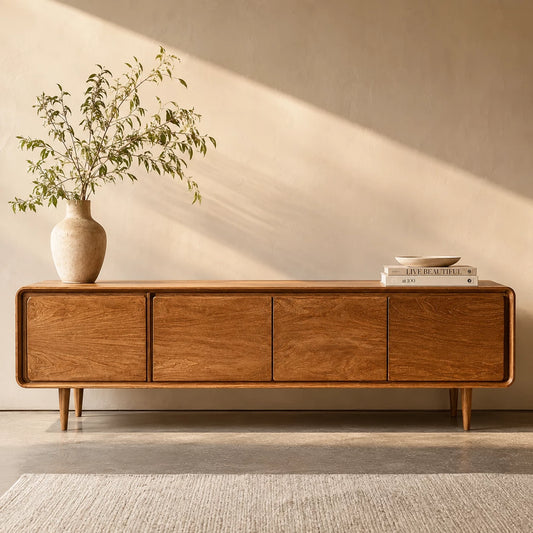 Low Profile Natural Solid Wood TV Stand with Rounded Four Door Storage - Livewoodcraft