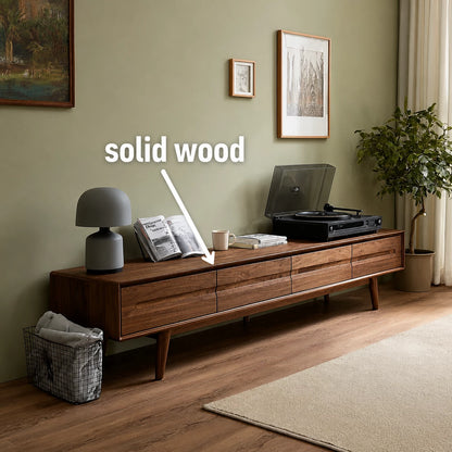 Low Profile Natural Solid Wood TV Stand with Tapered Legs and Drawers - Livewoodcraft - 3