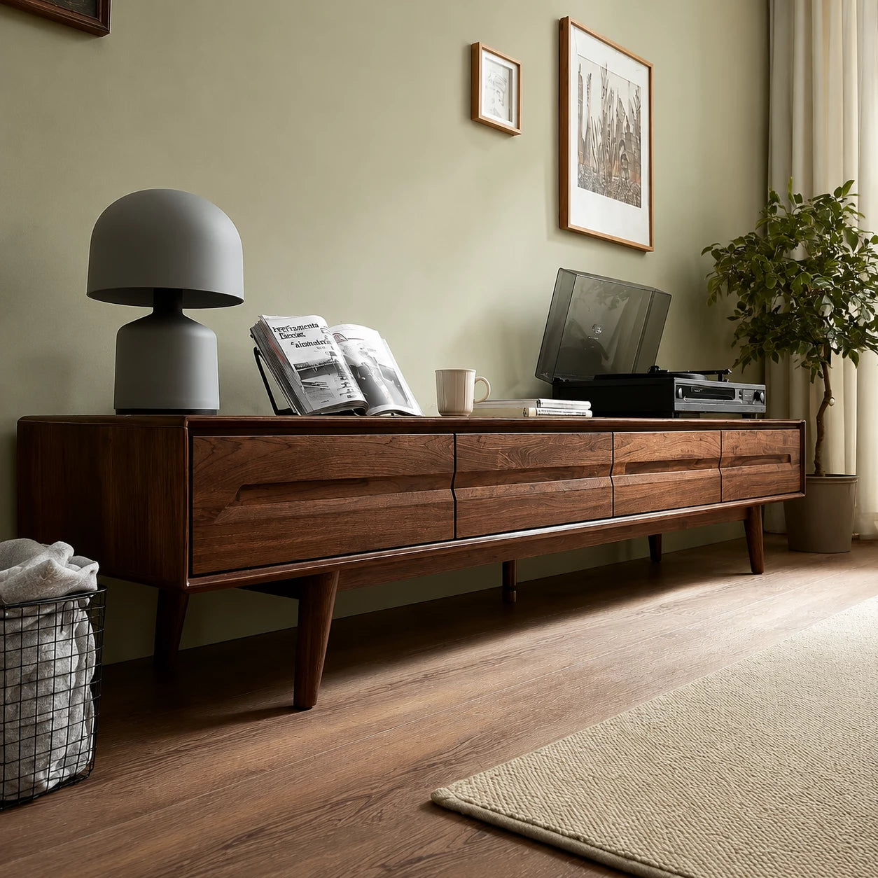 Low Profile Natural Solid Wood TV Stand with Tapered Legs and Drawers - Livewoodcraft - 5
