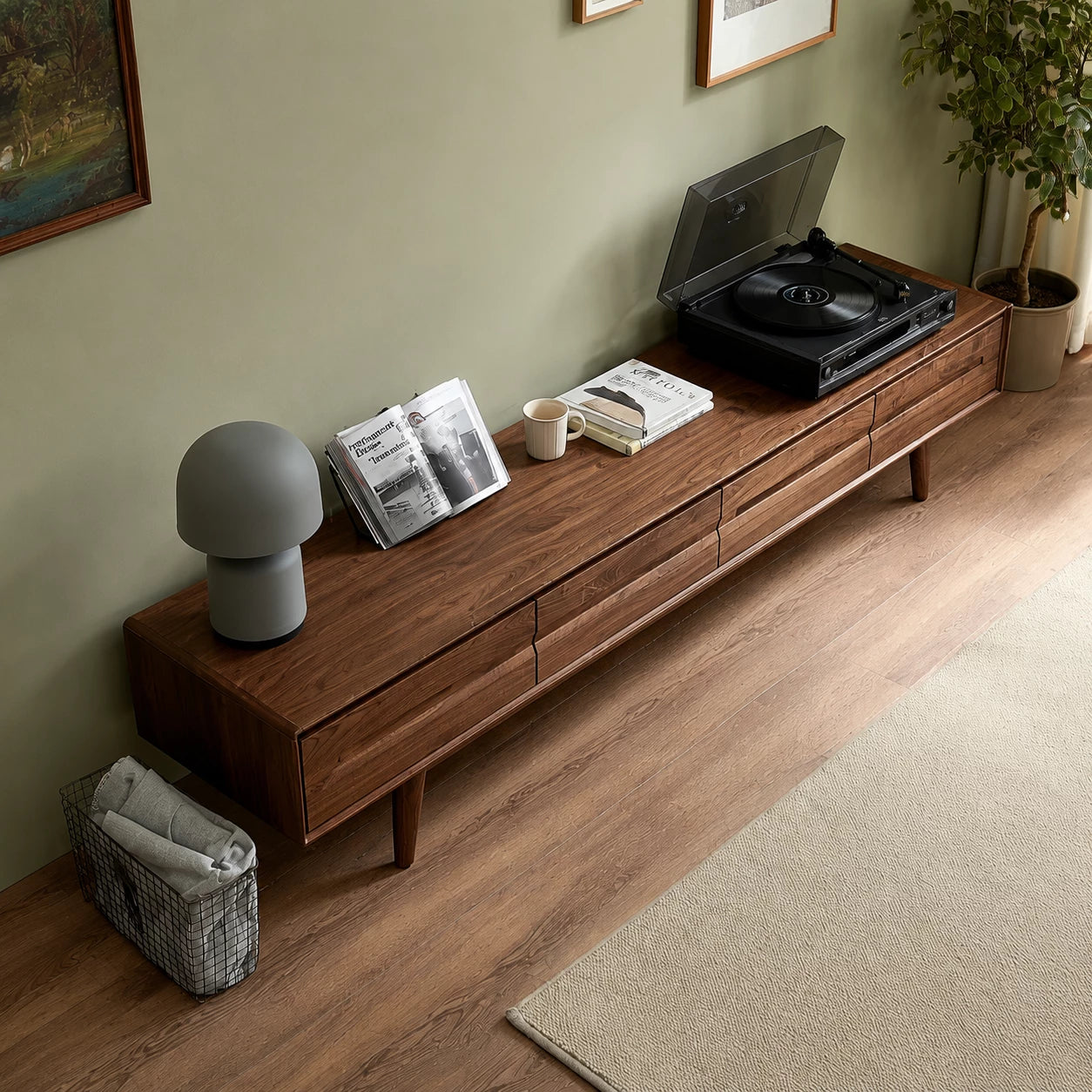 Low Profile Natural Solid Wood TV Stand with Tapered Legs and Drawers - Livewoodcraft - 6