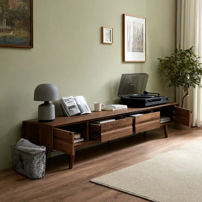 Low Profile Natural Solid Wood TV Stand with Tapered Legs and Drawers - Livewoodcraft - 7