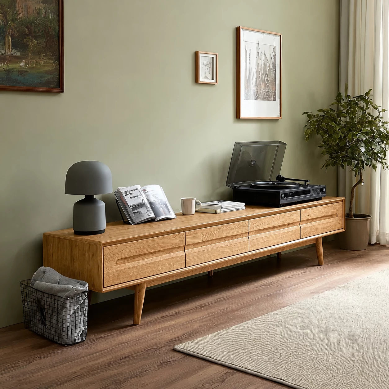 Low Profile Natural Solid Wood TV Stand with Tapered Legs and Drawers - Livewoodcraft - 9