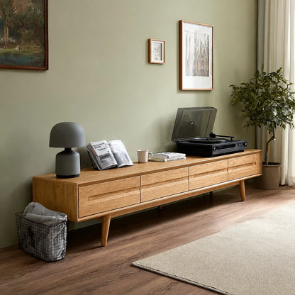 Low Profile Natural Solid Wood TV Stand with Tapered Legs and Drawers - Livewoodcraft - 9