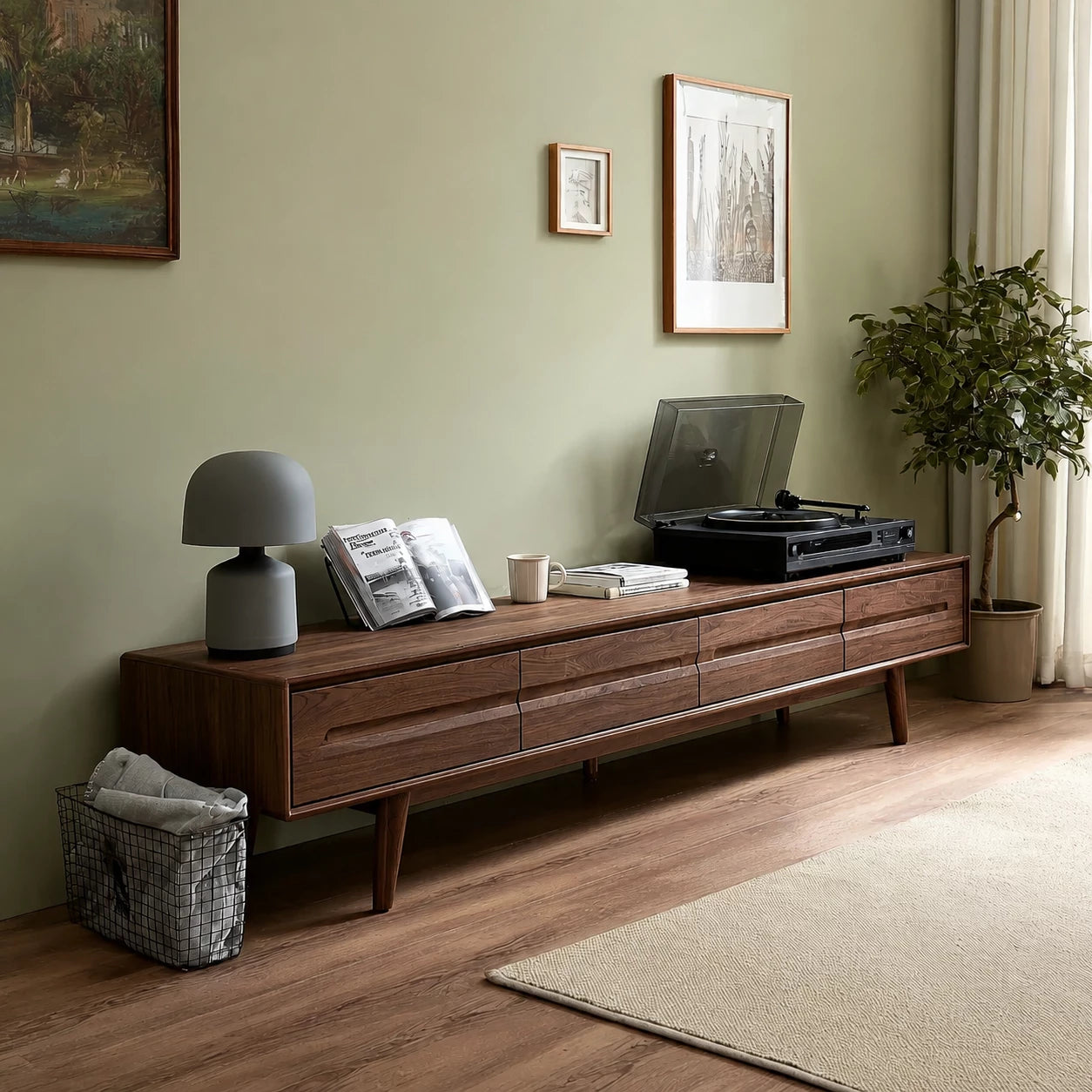 Low Profile Natural Solid Wood TV Stand with Tapered Legs and Drawers - Livewoodcraft