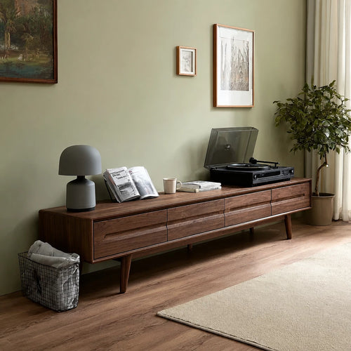 Low Profile Natural Solid Wood TV Stand with Tapered Legs and Drawers - Livewoodcraft