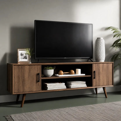 Mid Century Modern TV Stand with Cabinet Storage and Open Shelves - Livewoodcraft - 10