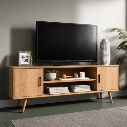 Mid Century Modern TV Stand with Cabinet Storage and Open Shelves - Livewoodcraft - 11