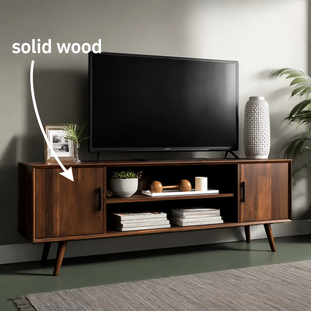 Mid Century Modern TV Stand with Cabinet Storage and Open Shelves - Livewoodcraft - 2