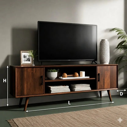 Mid Century Modern TV Stand with Cabinet Storage and Open Shelves - Livewoodcraft - 3