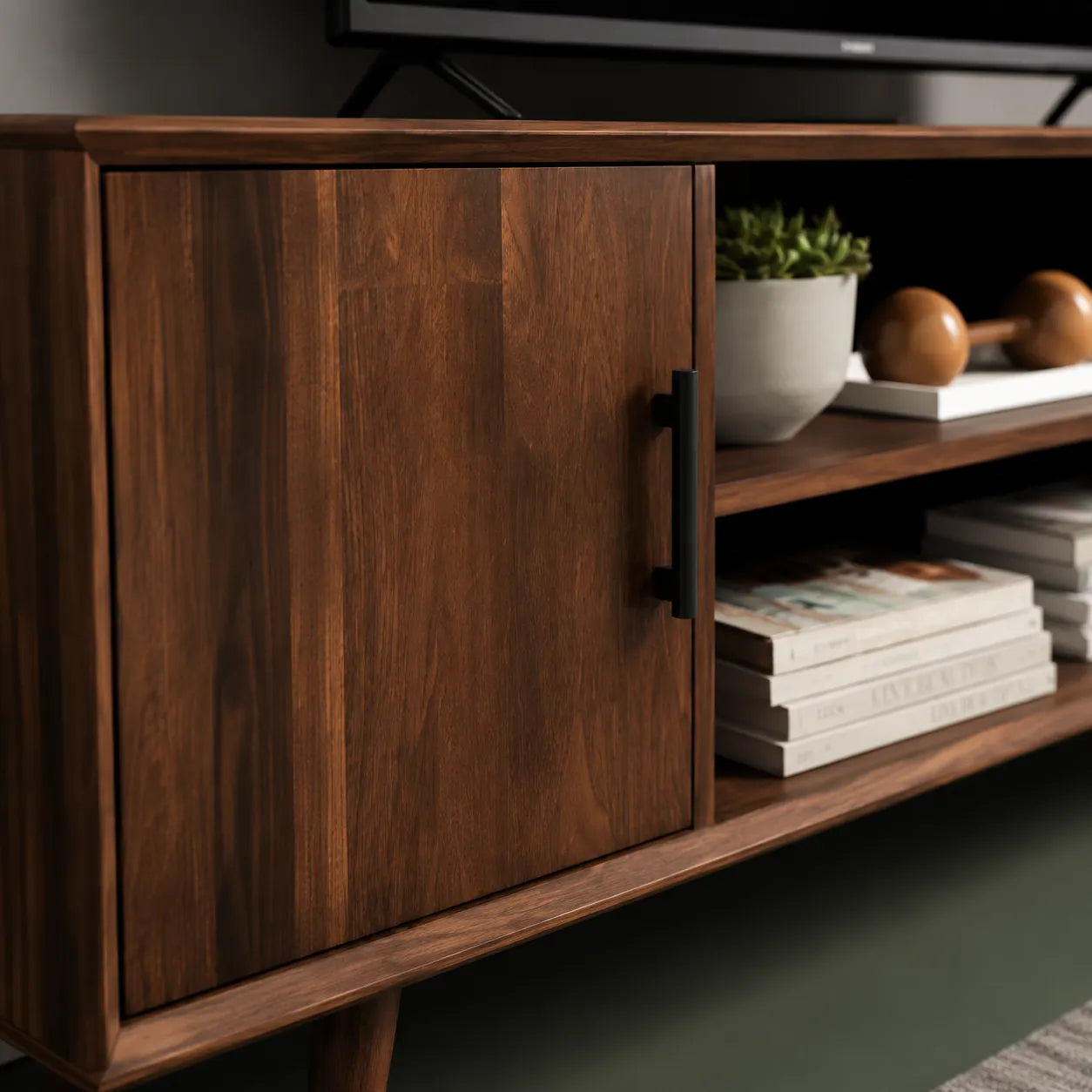 Mid Century Modern TV Stand with Cabinet Storage and Open Shelves - Livewoodcraft - 4