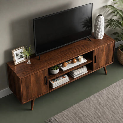 Mid Century Modern TV Stand with Cabinet Storage and Open Shelves - Livewoodcraft - 5