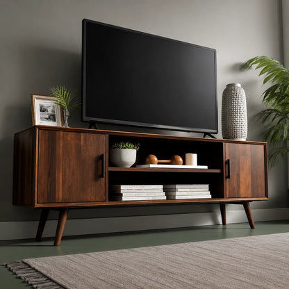 Mid Century Modern TV Stand with Cabinet Storage and Open Shelves - Livewoodcraft - 6