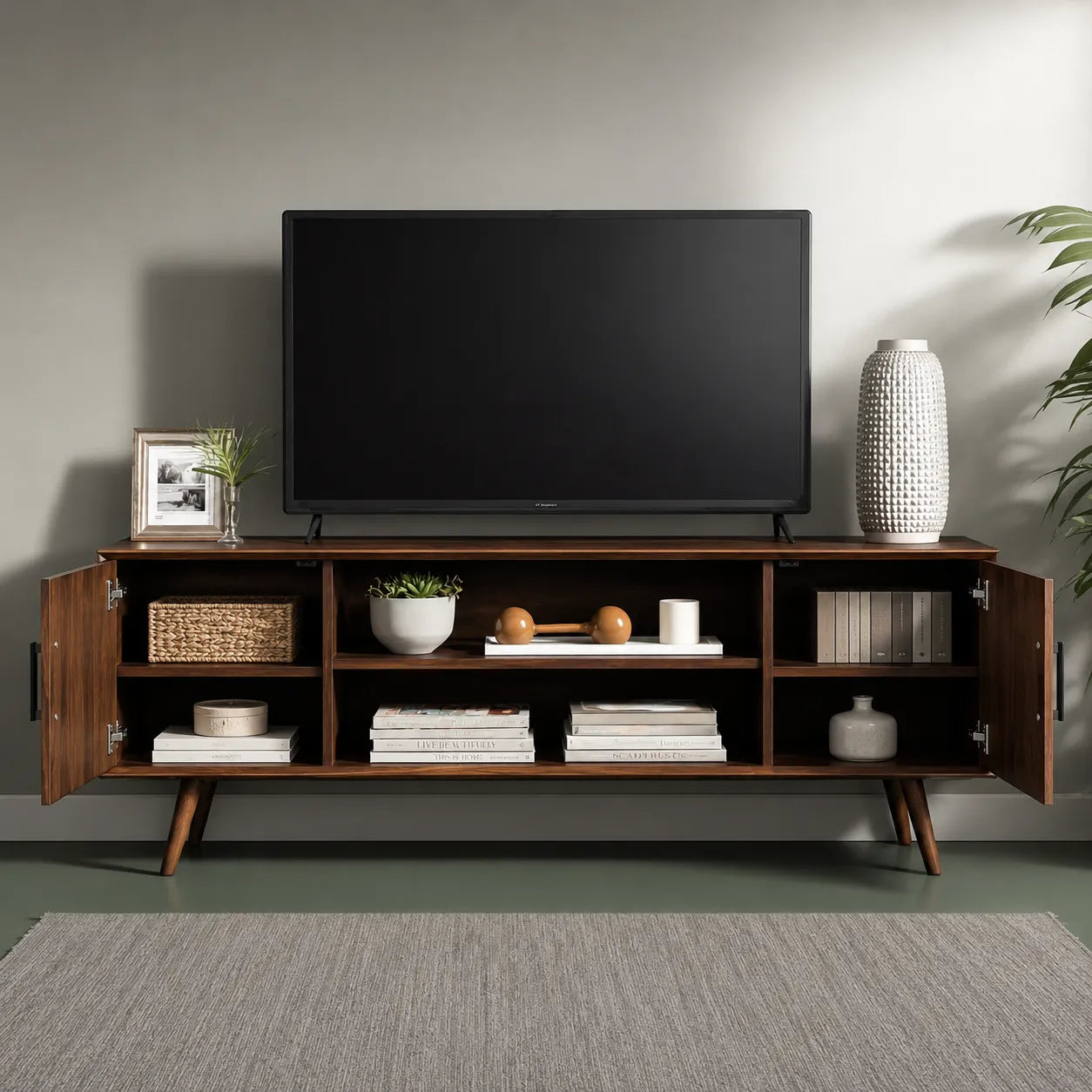 Mid Century Modern TV Stand with Cabinet Storage and Open Shelves - Livewoodcraft - 7